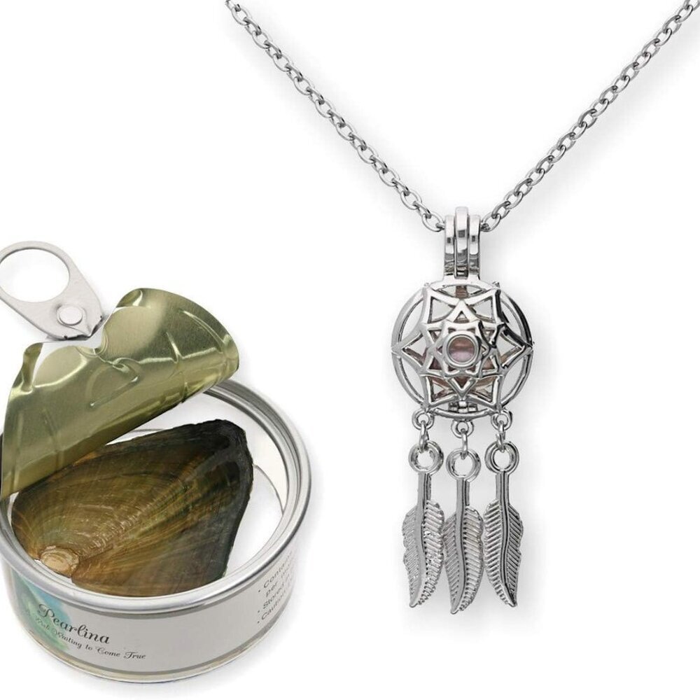 Dream Catcher Cultured Pearl Oyster Necklace Set Silver-tone Cage w/Stainless St